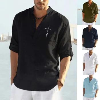 Мужские хлопчатобумажные льняные футболки, летние пляжные рубашки с V-образным вырезом и длинным рукавом из цельного песка, офисные мужские футболки, топы