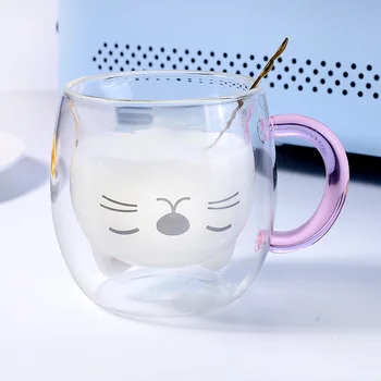 Симпатичная двухслойная стеклянная кружка с ручкой, Симпатичный кот, изолированная Стеклянная чашка, креативная пивная чашка для кофе с молоком, Подарки на День рождения и Рождество
