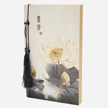 Винтажный блокнот Lotus в китайском стиле на 70 листов с кисточкой из чистой крафт-бумаги для доулинга, портативный мини-блокнот для рукоделия, блокнот для рукоделия