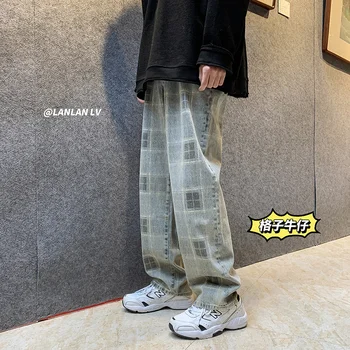 Летние Новые мужские джинсы в клетку, джинсовые брюки в стиле хип-хоп, Корейские ins, мужская Прямая Свободная уличная одежда, Мешковатые Ковбойские брюки 2XL-M