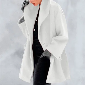 Женское пальто с отворотом Оверсайз, однотонное пальто, осень-зима, Элегантная однобортная ветровка с длинным рукавом, длинное пальто