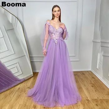 Вечерние платья А-силуэта Booma фиолетового цвета С аппликацией, тюлевые платья для выпускного вечера с V-образным вырезом, платья с длинными рукавами для торжественных случаев, платья для свадебной вечеринки