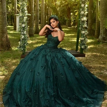 Темно-зеленое Пышное платье с 3D цветами в виде сердца, бальное платье, Пышное платье, дебютное платье на 18-й день рождения, vestido de charra, 15 años azul
