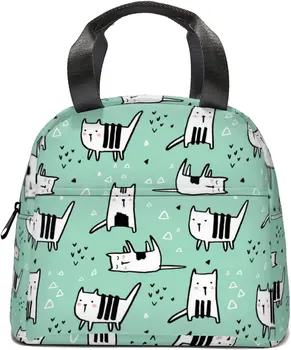 Светло-зеленый ланч-бокс с рисунком кота в полоску, светло-зеленый ланч-бокс, сумка для ланча с геометрическим принтом, многоразовая сумка-холодильник с карманами, сумка-холодильник для ланча