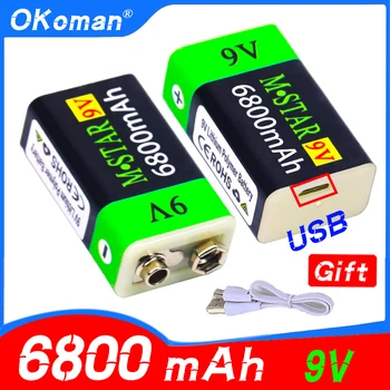 9V USB Аккумуляторная батарея 9V 6800mAh Литий-ионная батарея, используемая для Мультиметра, Дымовой сигнализации, Металлоискателя и других Батарей