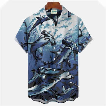 Летняя мужская рубашка с гавайским отворотом и коротким рукавом с принтом подводных животных Для мужчин, Новая футболка на пуговицах, блузка для пляжного отдыха, топы