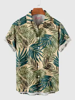 Мужские рубашки с гавайским растительным принтом, мужские рубашки с винтажным принтом листьев для отпуска, модные летние рубашки на пуговицах, пляжные повседневные рубашки с лацканами.