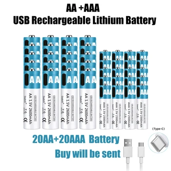 Батарея AA AAA 1,5 В, перезаряжаемая батарея 2600 мАч, литий-ионная аккумуляторная батарея AA 1,5 В, быстрая зарядка по USB, литий-ионная аккумуляторная батарея