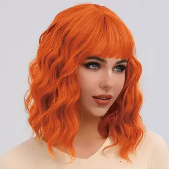 Объемный волнистый парик-боб, синтетические парики с челкой, парики оранжевого цвета для женщин, свободная волна, косплей, вечеринка, ежедневные Термостойкие волокна