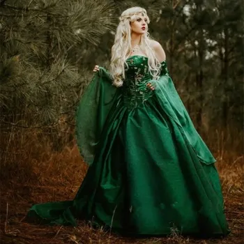 Изумрудно-зеленые Готические Средневековые платья для выпускного вечера С длинным рукавом, без бретелек, Корсетный костюм, вечернее платье