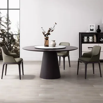 Круглый стол в стиле постмодерн с дымчатым покрытием, простой и роскошный Обеденный стол из белого воска, массивной древесины, мраморной плиты.