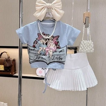 Розничная продажа 2023 Новых летних милых комплектов для маленьких девочек, мультяшный топ + белые юбки, милые костюмы принцессы от 2 до 8 лет