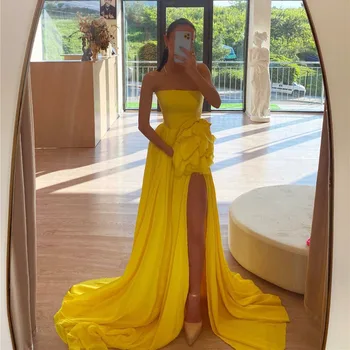 Желтые вечерние платья Smileven без бретелек, шифоновое платье для выпускного вечера в Саудовской Аравии трапециевидной формы, платья для официальных мероприятий с разрезом по бокам 2023 года