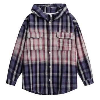 Винтажная Крупногабаритная Свободная рубашка в градиентную клетку с капюшоном, куртка, Мужские и женские Повседневные рубашки, пальто, Топ