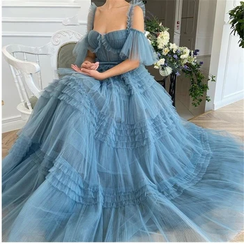 GIOIO Великолепное серовато-голубое вечернее платье из тюля в складку, длинное, серия 2023, с открытыми плечами, многослойное бальное платье для швабры