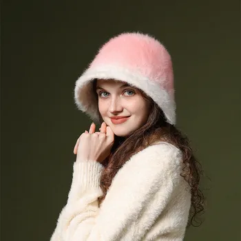 Корейские постепенные изменения цвета кроличьей шерсти, шапочки для бассейна, открывающие лицо, маленькие осенние и зимние уличные теплые женские шляпы-ведерки