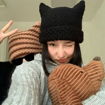 Y2K Harajuku Панк-готическая вязаная шляпа Дьявола с кошачьими ушками Millennium Для женщин, дизайнерская зимняя шапочка ручной работы, женские кепки