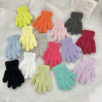 Детские перчатки из кораллового флиса ярких цветов, вязаные Мягкие теплые детские варежки, зимние весенние детские перчатки с полными пальцами