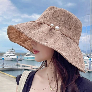 Женская рыбацкая шляпа с большими полями, Корейская шляпа с УФ-защитой, складная шляпа с жемчужным кружевом и цветком, летний зонт, элегантная шляпа от солнца на берегу моря.