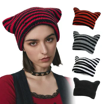 2023 Модная женская осенне-зимняя новая женская шерстяная шапка для взрослых, полосатая кошачья шапка ручной вязки, персонализированная теплая шапка для девочек