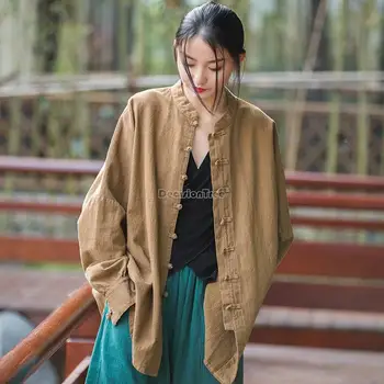 2023 весна осень, женская блузка в китайском стиле, льняной воротник-стойка, пальто с дисковой пряжкой, рукав 