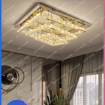 Лампа в гостиной Простая современная прямоугольная Атмосферная хрустальная лампа, Трехслойный потолочный светильник со скошенным потолком, Светодиодная столовая