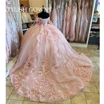 2023 Мексиканские Розовые Пышные платья с открытыми плечами и 3D Цветочной аппликацией из бисера Vestidos XV Años Sweet 16 Robe De Soirée