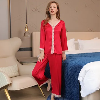 Весенний женский комплект пижам с шелковыми пятнами, осенние брюки с длинными рукавами, комплект из двух предметов, пижамы для женщин, кружевная домашняя одежда, пижамы
