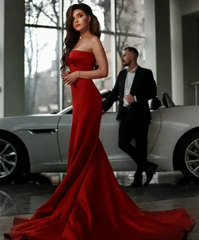 Длинное красное платье без бретелек, атласные вечерние платья элегантный Русалка развертки поезд Vestidos де Noche Пром платья для женщин