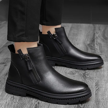 Зимняя классическая мужская обувь из натуральной кожи, высокие ботинки, теплая плюшевая мужская рабочая одежда, ботинки, Офисная деловая обувь, короткие ботинки