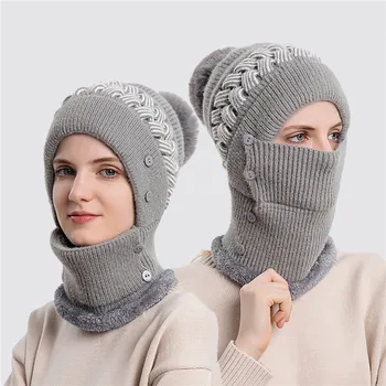 Зимний комплект шапок и шарфов 2023 года В комплекте Женская теплая вязаная шапка Велосипедный плюшевый пуловер Ветрозащитная шерстяная защита ушей