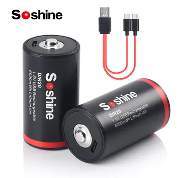 Литиевая батарея Soshine 1.5 В 6000 МВтч, USB-аккумуляторы, Литий-ионный аккумулятор Размера D, 1200 Циклов работы с USB-кабелем 2-в-1