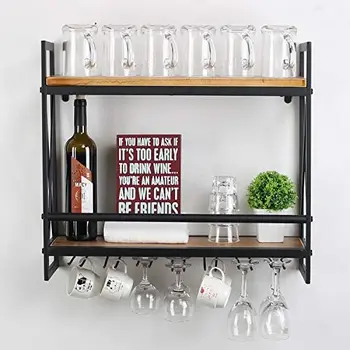 Навесные винные стеллажи с держателем для бокалов на 6 ножек, промышленное металлическое подвесное вино диаметром 23,6 дюйма, двухъярусная деревянная полка, плавающие полки, домашняя комната