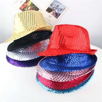 Однотонная сценическая шляпа с блестками для взрослых, джазовая шляпа для мальчиков и девочек С короткими полями, цилиндр с блестками, кепка для бассейна