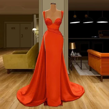 Оранжевые платья для выпускного вечера с русалочкой, сексуальные атласные зеленые платья с длинным рукавом и высоким разрезом, вечерние платья Vestidos De Gala