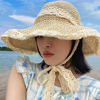 Летняя женская соломенная ажурная кружевная шляпа от солнца, мягкая и складная летняя дорожная широкополая шляпа, Элегантная пляжная шляпа для отдыха