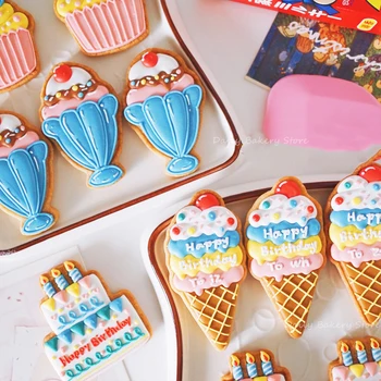 Форма для тиснения печенья для вечеринки в честь Дня рождения, торт с рисунком мороженого, Трафареты для печенья, форма для глазури на десерт, форма для печенья