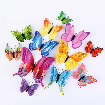 12шт 3D двухслойная имитация бабочки, креативные наклейки для украшения стен дома, цветные наклейки на стену с бабочками из ПВХ