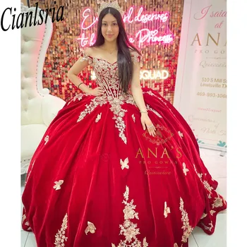 Красное бальное платье Quinceanera 2023 С открытыми плечами, расшитое бисером, аппликации, блестки, милое платье 16 Vestidos De 15 años