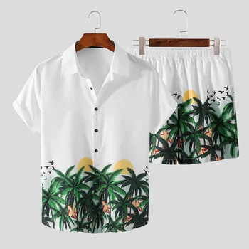 Летние мужские пляжные комплекты 2023 года, Уличная одежда, рубашка с лацканами и коротким рукавом, Шорты с принтом, Дышащие Повседневные мужские гавайские костюмы, 2 шт.