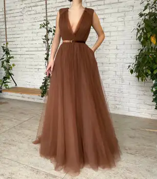 Плиссированное платье ToBeBridal с глубоким V-образным вырезом цвета мокко, коричневое, с драпировкой, с запахом, с карманами и поясом TP9706