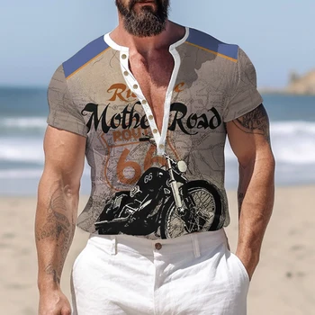 Мужская винтажная рубашка Henley, футболка с V-образным вырезом, футболка с американским мотоциклом, футболка с коротким рукавом, топы оверсайз, футболка, мужская уличная одежда в стиле панк
