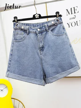 Летние женские джинсовые шорты в корейском стиле с высокой талией, облегающие Тонкие повседневные Свободные женские широкие синие короткие джинсы