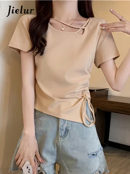 Jielur, новая однотонная женская футболка с вырезами, летний Корейский универсальный топ с коротким рукавом, женские модные короткие футболки с завязками