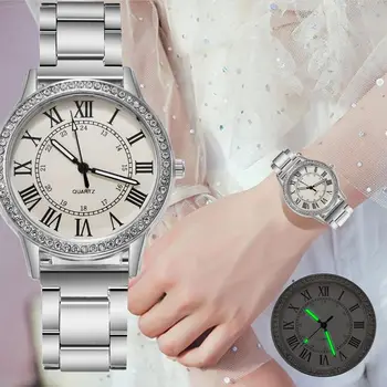 Стальной ремешок Простые повседневные женские часы в римском стиле со стразами, люминесцентные кварцевые часы, роскошные наручные часы для женщин Оптом