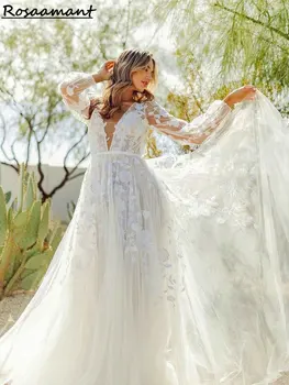 Кружевное свадебное платье с V-образным вырезом и цветочными аппликациями, Трапециевидное свадебное платье в стиле Бохо с длинным рукавом и открытой спиной