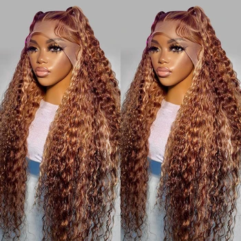 30-32-дюймовый фронтальный парик Honey Highlight Deep Wave 13x4 13x6 Hd Кружевные фронтальные парики цвета Омбре, вьющиеся парики из человеческих волос для женщин