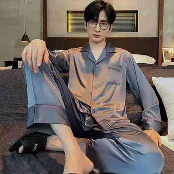 Новая мужская пижама Ice Silk, брюки с длинными рукавами, свободный весенне-осенний шелковый домашний костюм большого размера из тонкого сечения