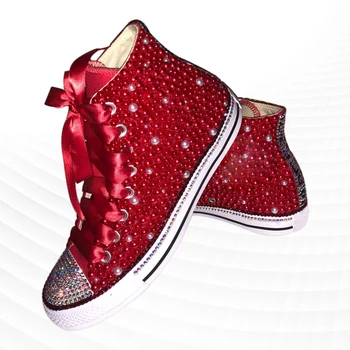 Модный дизайн с красным жемчугом и стразами, модные парусиновые туфли с высоким берцем на шнуровке, популярные удобные повседневные кроссовки