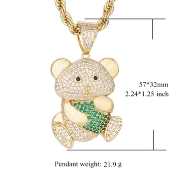 Минималистичный Хип-хоп 14-каратный Позолоченный Зеленый плюшевый мишка из муассанита, Медные подвески и ожерелья